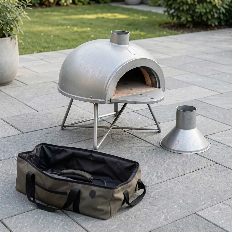 Four à pizza compact posé sur une table de jardin, pieds repliés, sac de transport à côté