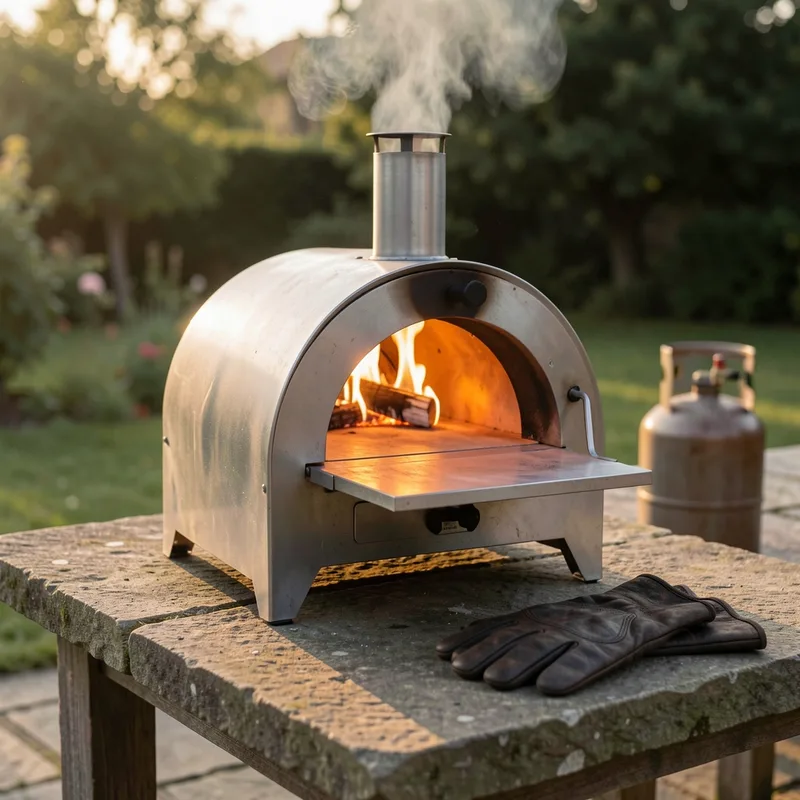 Four à pizza portable allumé en extérieur, flamme visible, gants épais posés à proximité