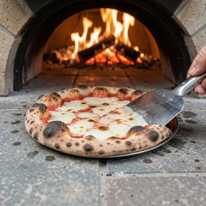 Pizza enfournée à la pelle dans un four compact, bord de la pâte en train de gonfler