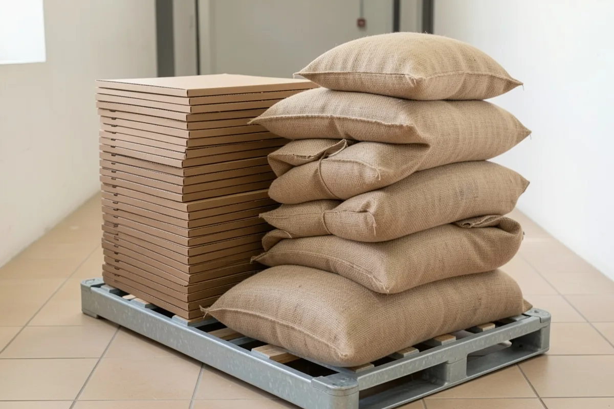 Cartons à pizza bruns empilés à plat et sacs de farine en toile sur un roll grillagé dans un couloir de réserve