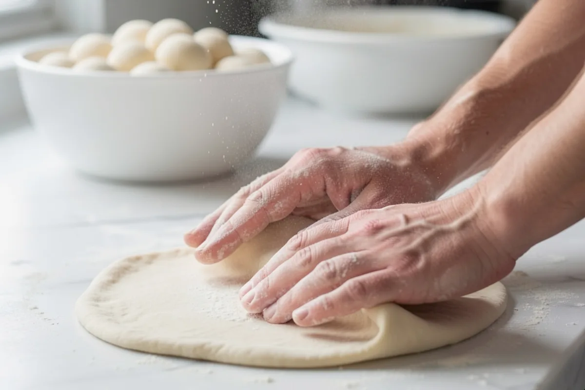 Mains farinées étirant un disque de pâte sur un plan de travail en marbre, bacs de pâtons en arrière-plan