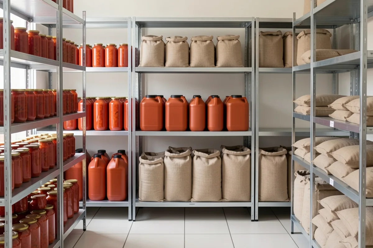 Étagères métalliques d&rsquo;une réserve sèche avec bocaux de tomates, bidons et sacs de farine