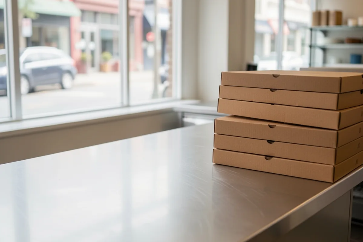 Comptoir de pizzeria à emporter vu de l&rsquo;intérieur, plan de travail inox et cartons fermés empilés