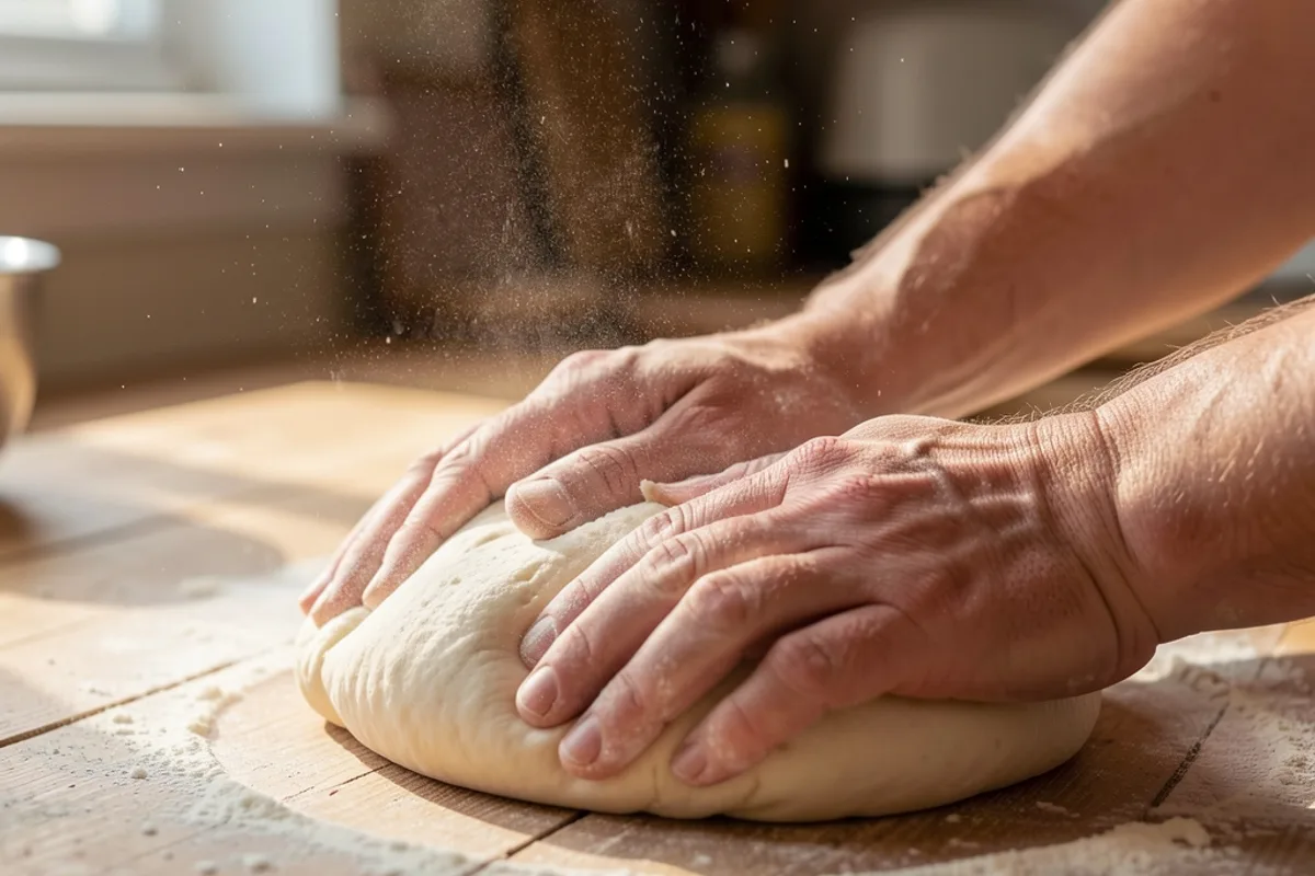 Mains qui pétrissent une pâte à pizza souple sur un plan de travail en bois fariné