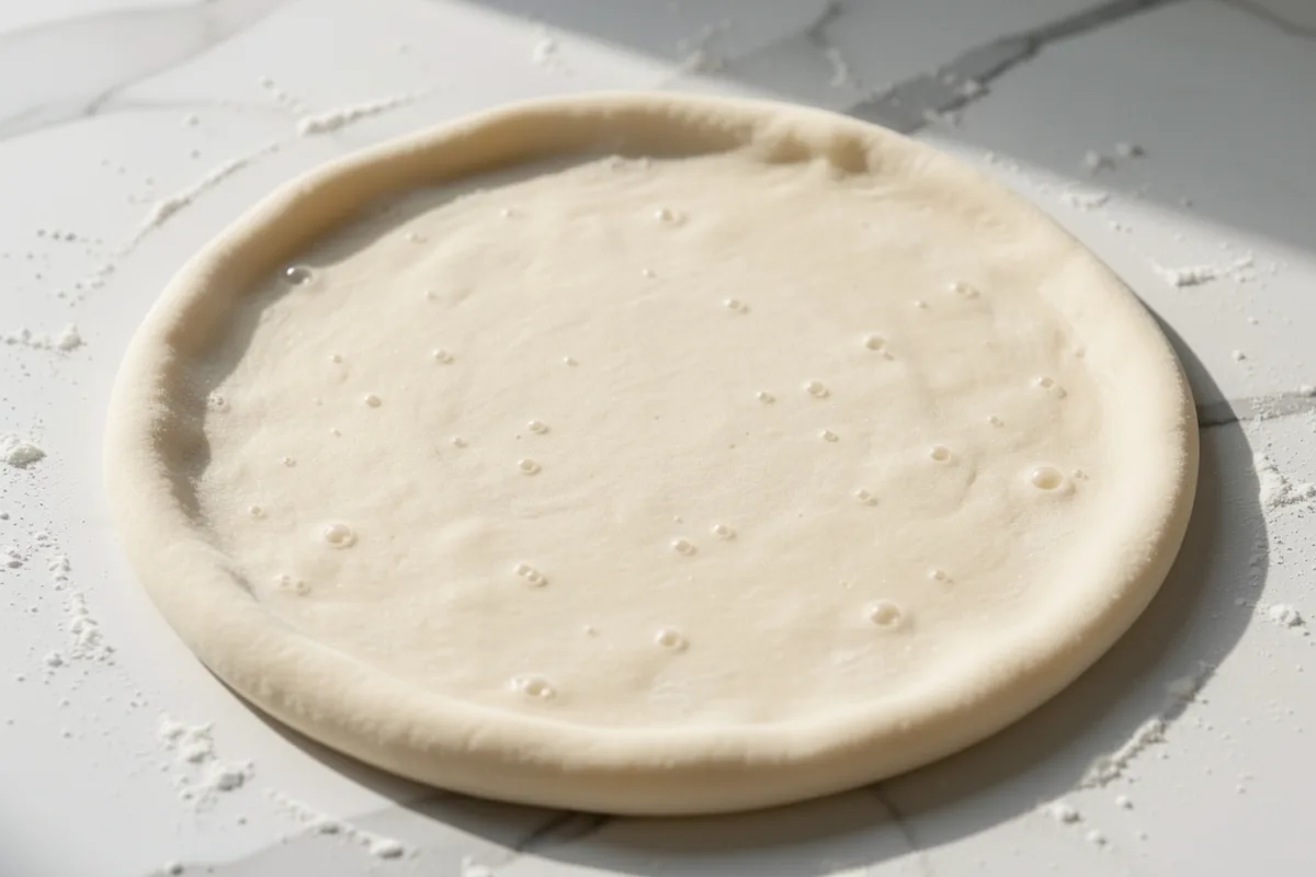 Disque de pâte à pizza étiré à la main sur un marbre, bord épais et centre fin