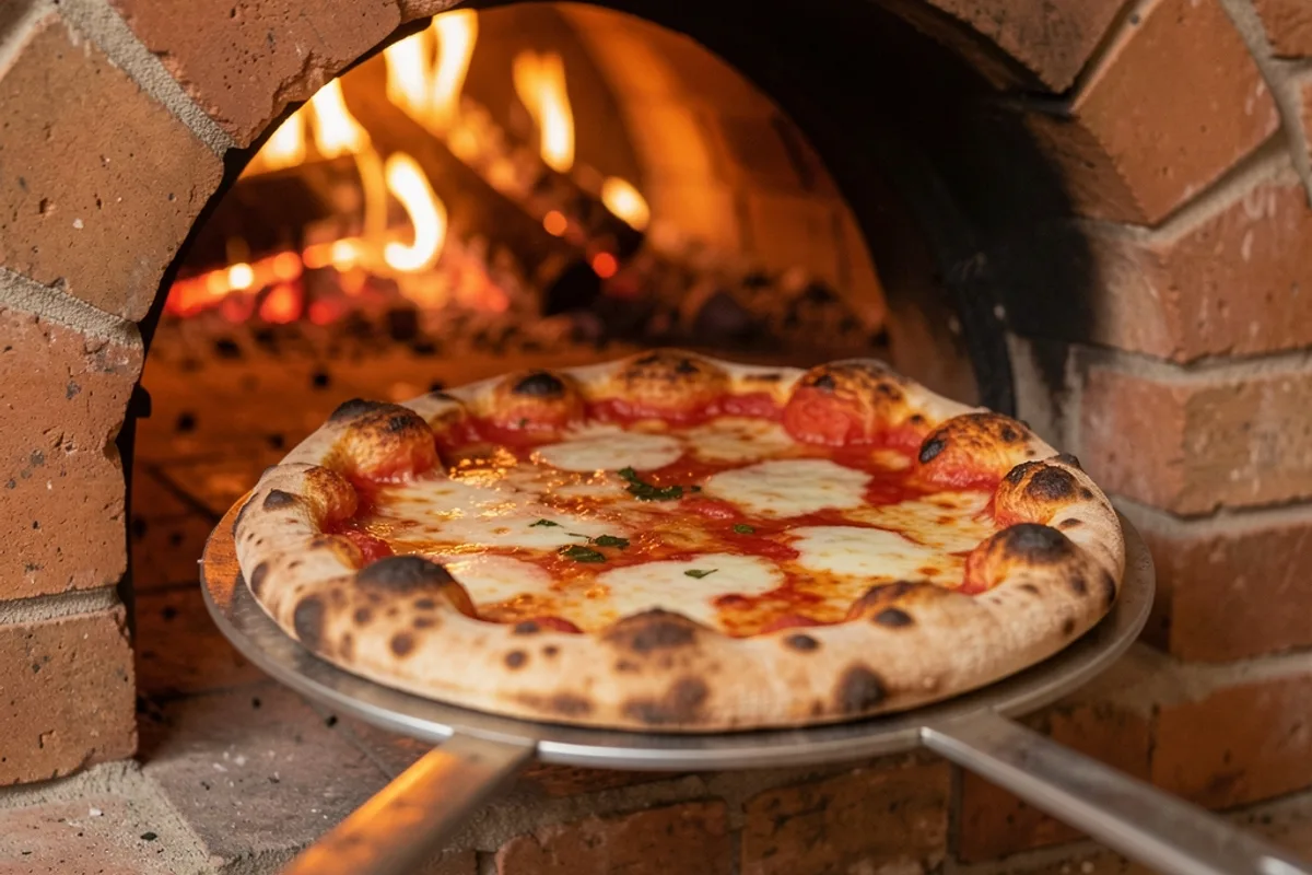 Pizza napolitaine sur une pelle métallique à la sortie d&rsquo;un four à bois, cornicione gonflé