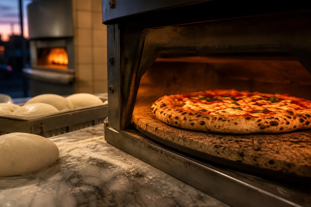Pierre réfractaire brûlante dans un four ménager, pizza en cours de cuisson