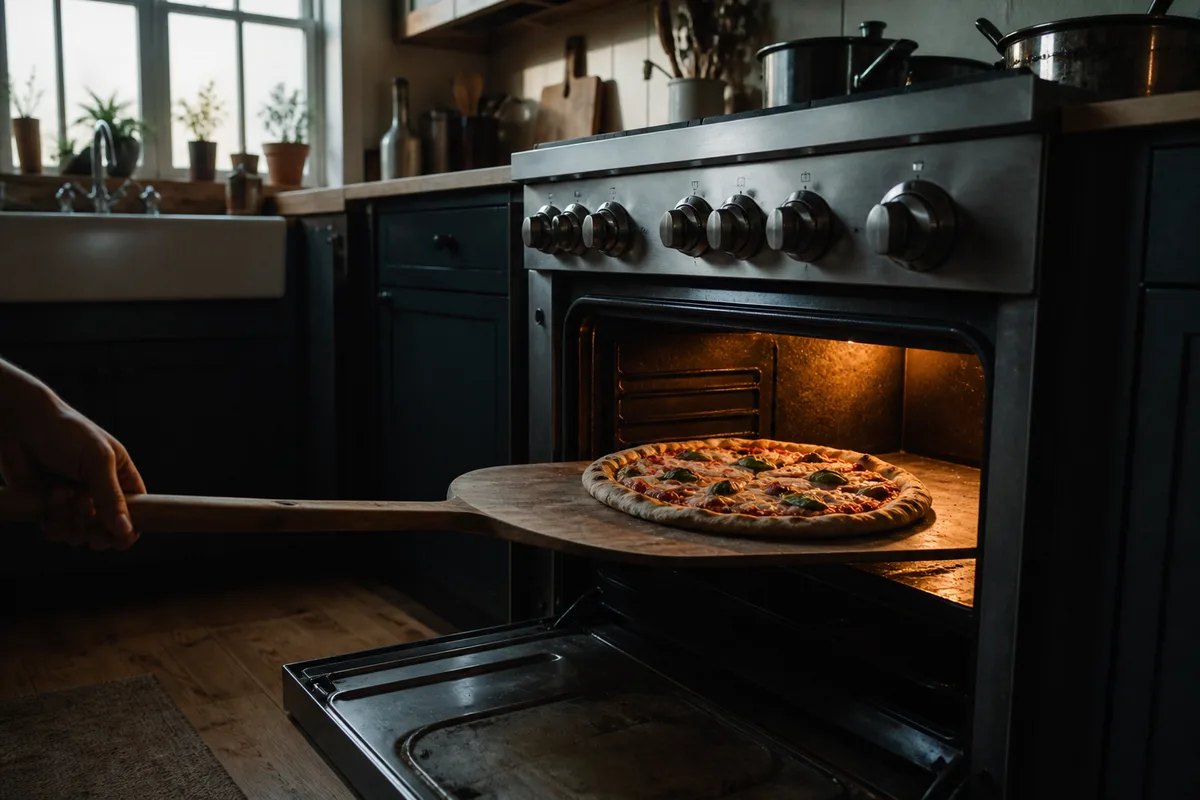 Pizza enfournée à la pelle sur la sole, four réglé au maximum