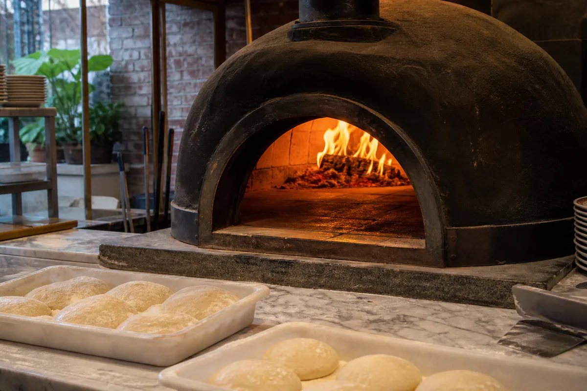 Four à pizza en dôme, flamme vive léchant la voûte au-dessus de la sole