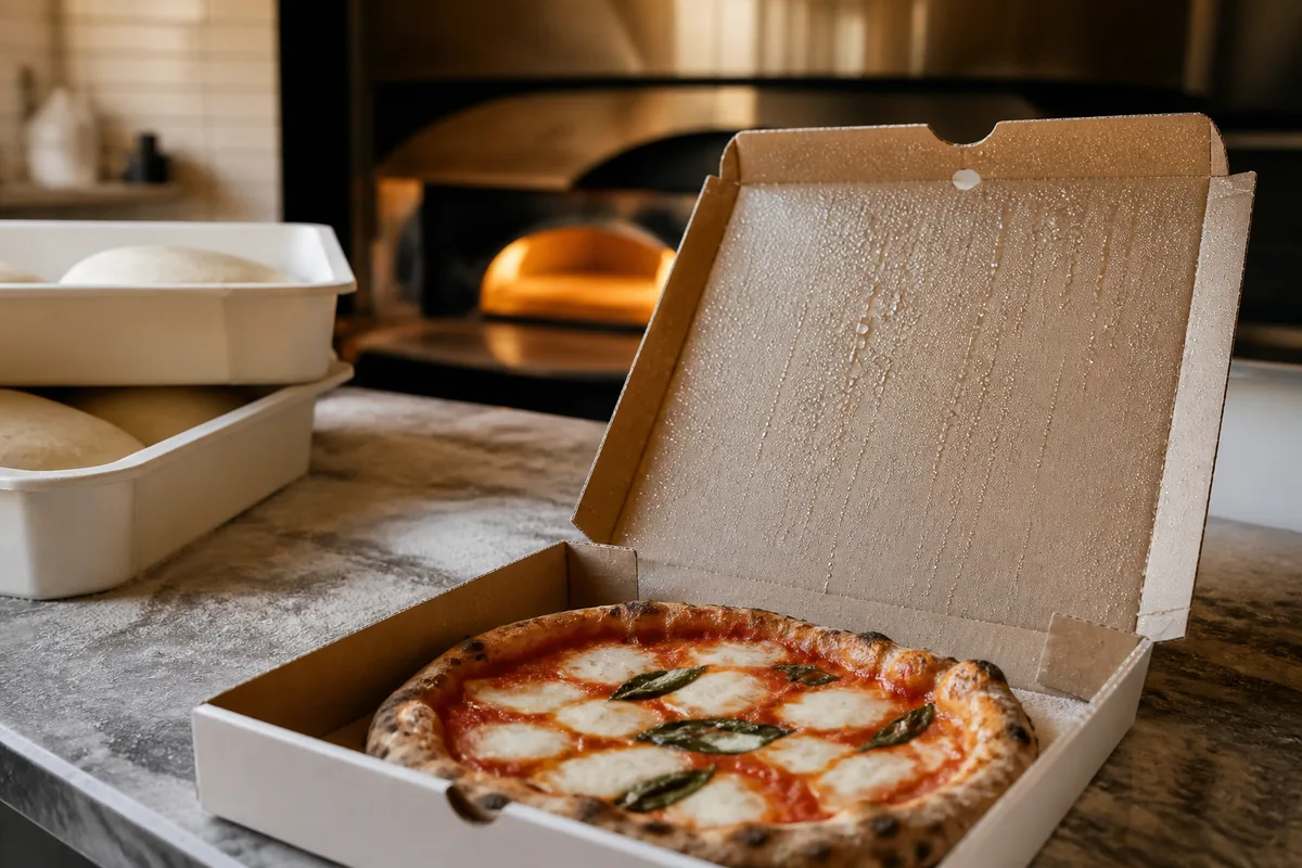 Carton à pizza ouvert sur une table, buée visible à l&rsquo;intérieur du couvercle