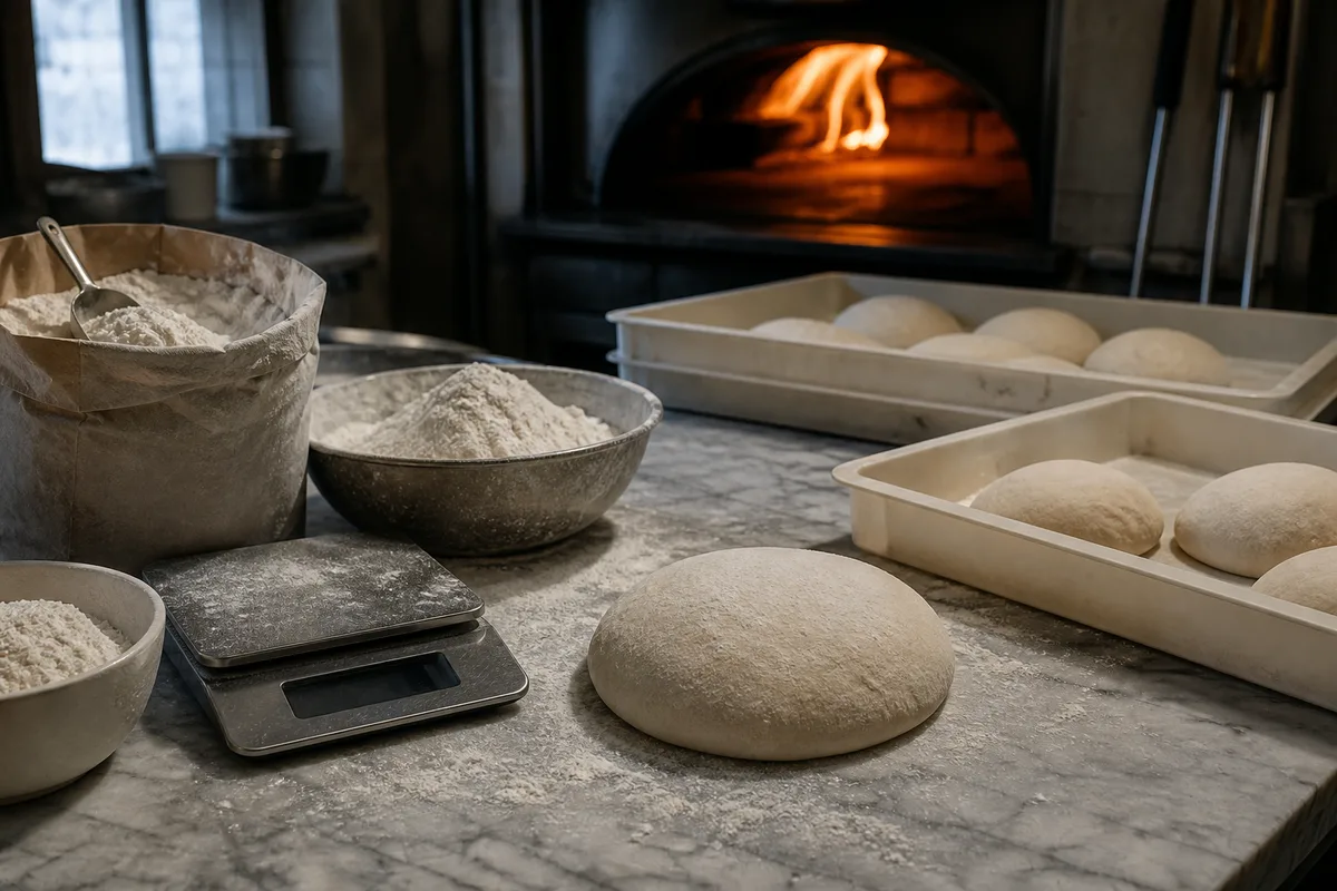 Farines de blé, balance de précision et pâton en cours de repos sur un plan de travail fariné