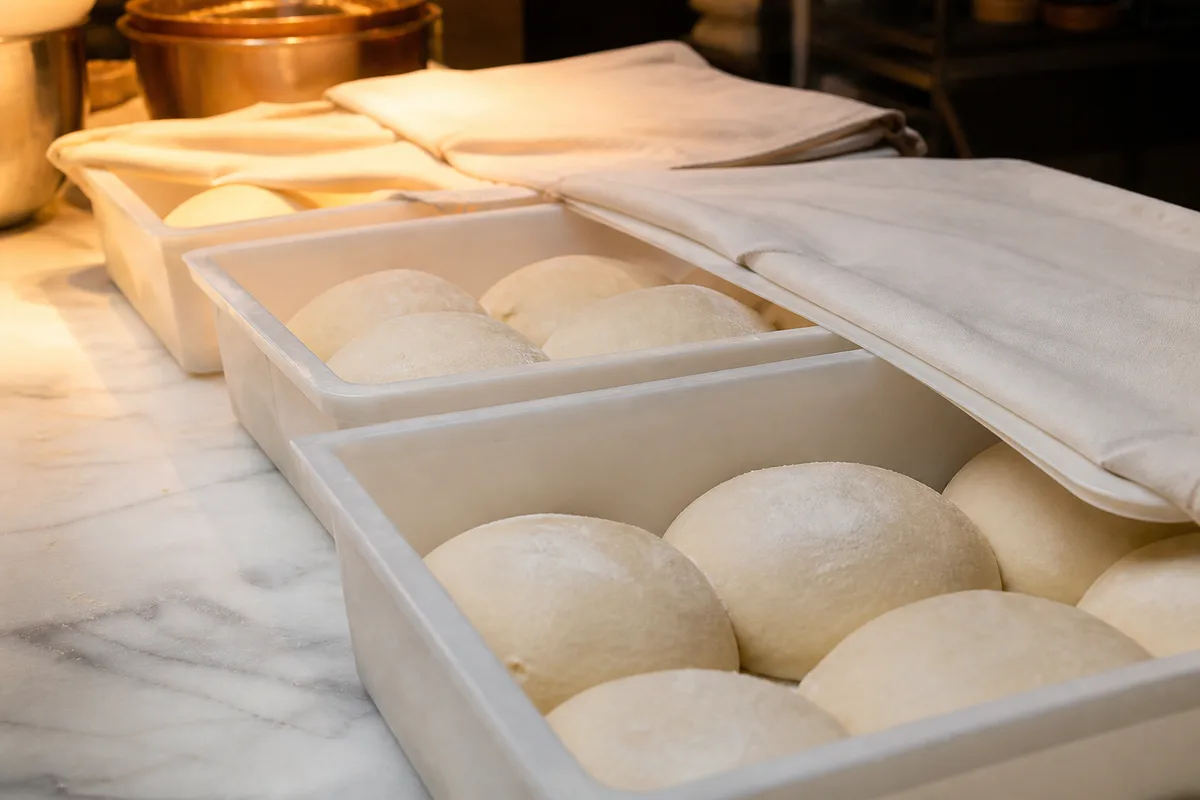 Pâtons en bacs alignés, couverts, en cours de maturation avant façonnage