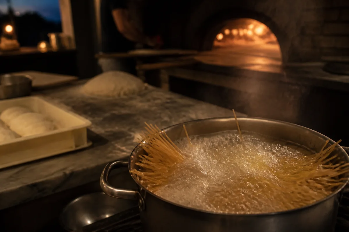 Spaghettis en cours de cuisson dans une grande casserole d&rsquo;eau bouillante