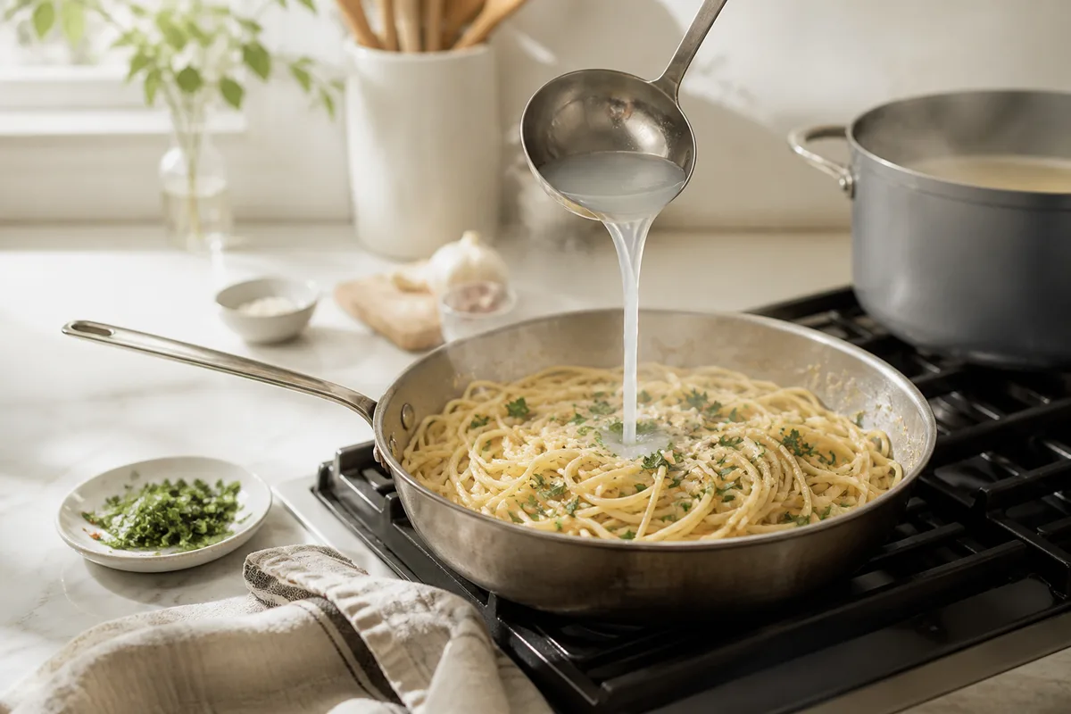 Poêle de pâtes sautées avec une louche d&rsquo;eau de cuisson, mouvement de liaison