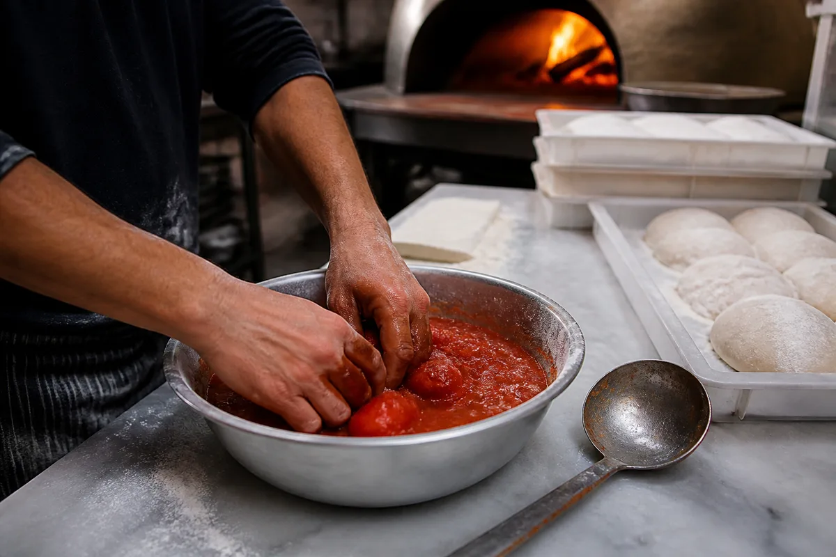 Tomates pelées écrasées à la main dans un saladier, à côté d&rsquo;une louche