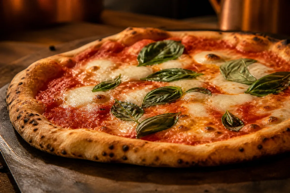 Pizza margherita sortie du four, feuilles de basilic fraîches posées sur la mozzarella fondue