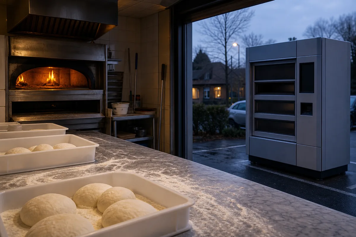 Distributeur automatique de pizzas en bordure de parking, en soirée